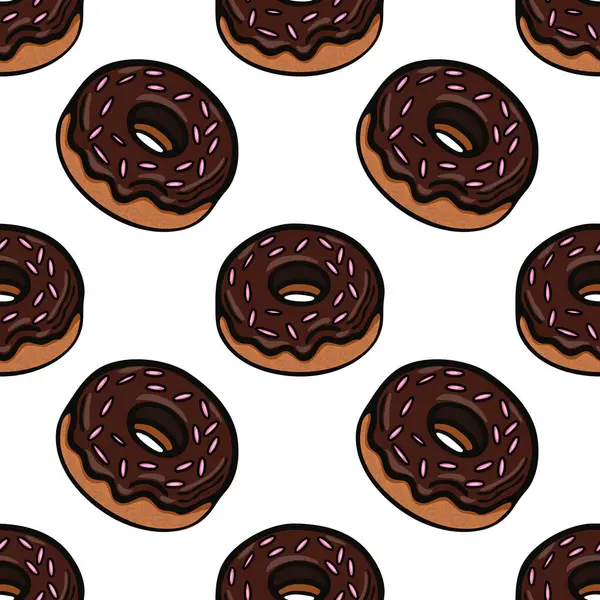 Beyaz arka planda pembe parçacıklar serpiştirilmiş çizgi film tarzı çikolatalı çörekler içeren kusursuz bir vektör deseni. Çörekler eğlenceli ve renkli bir tasarım ile çizilmiş.