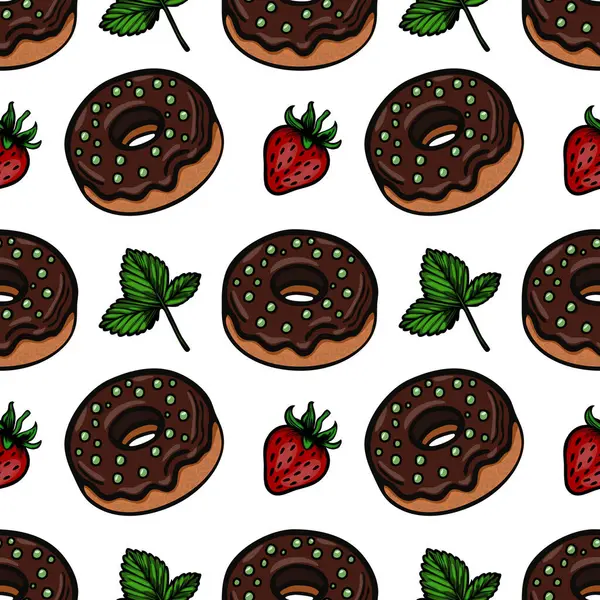Yeşil serpiştirilmiş çikolatalı çörekler, taze çilekler ve beyaz arka planda naneli yapraklar içeren kusursuz bir vektör deseni..