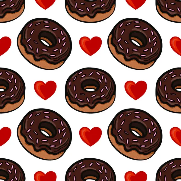 Beyaz arka planda çikolatalı çörekler serpiştirilmiş kırmızı kalpler içeren neşeli bir desen. Tasarım eğlenceli ve kaprisli, yemekle ilgili konular ve kutlamalar için mükemmel..