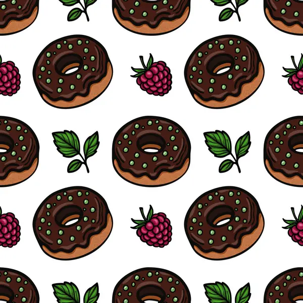 Beyaz arkaplanda yeşil serpiştirilmiş çikolatalı çörekler, ahududular ve nane yapraklarından oluşan kusursuz bir vektör deseni..