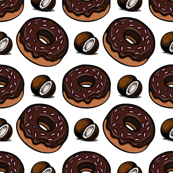 Pembe şekerli ve yarım hindistan cevizli çikolatalı çörekler içeren kusursuz bir vektör deseni. Tasarım eğlenceli ve renklidir, yiyeceklerle ilgili konular için uygundur..