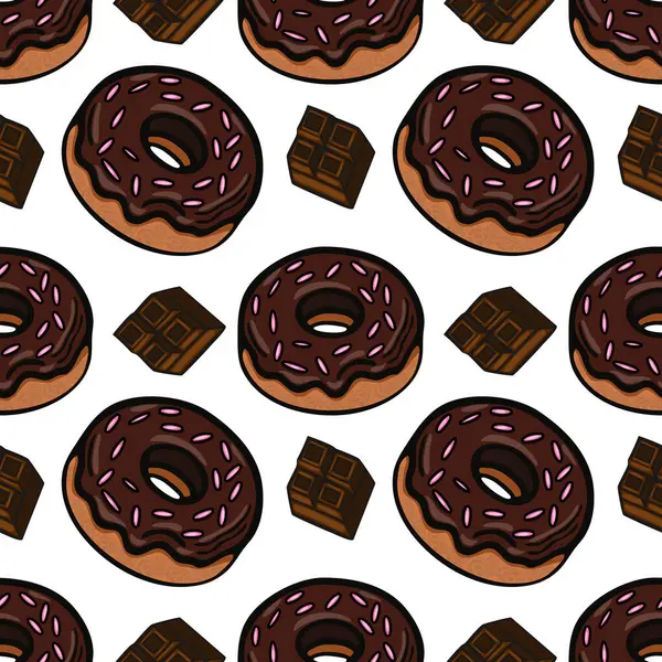 Pembe serpiştirilmiş çikolatalı çörekler ve çikolata parçalarından oluşan kusursuz bir vektör deseni. Tasarım eğlenceli ve renklidir, yiyeceklerle ilgili konular için uygundur..