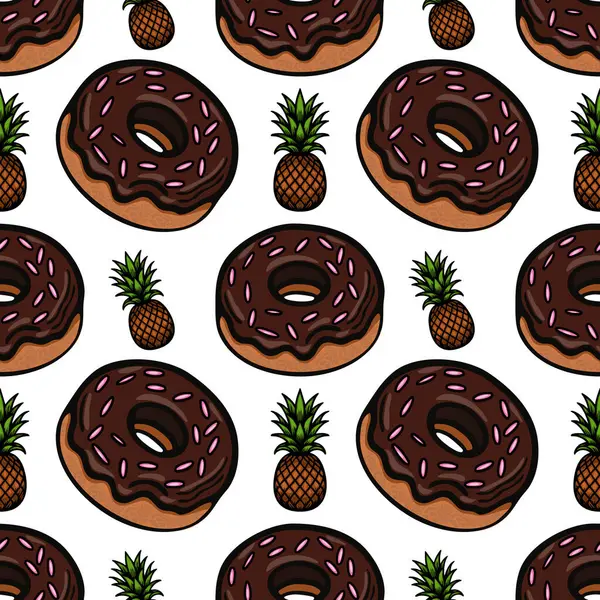Beyaz arka planda pembe serpiştirilmiş çikolatalı çörekler ve ananaslar içeren neşeli bir desen. Tasarım canlı ve eğlenceli, çeşitli yaratıcı projeler için uygun..