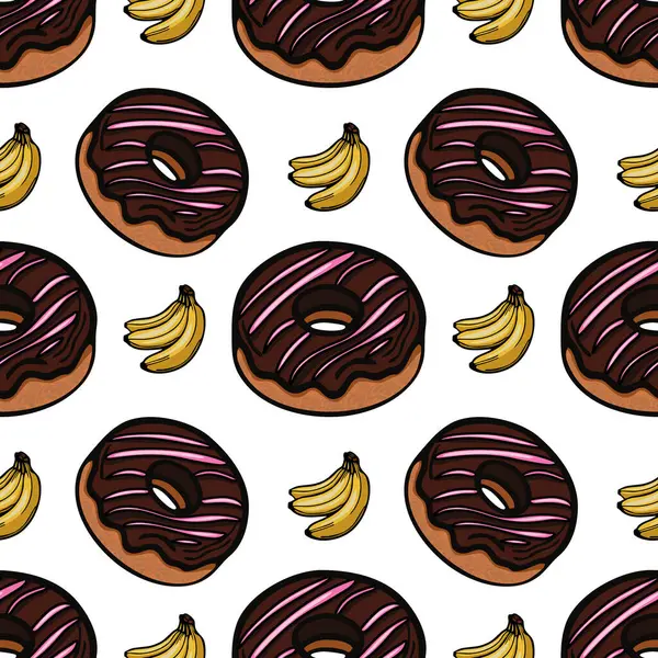 Çikolata kremalı ve pembe çizgili donutlar ve beyaz arka planda duran sarı muzlar içeren neşeli bir desen..