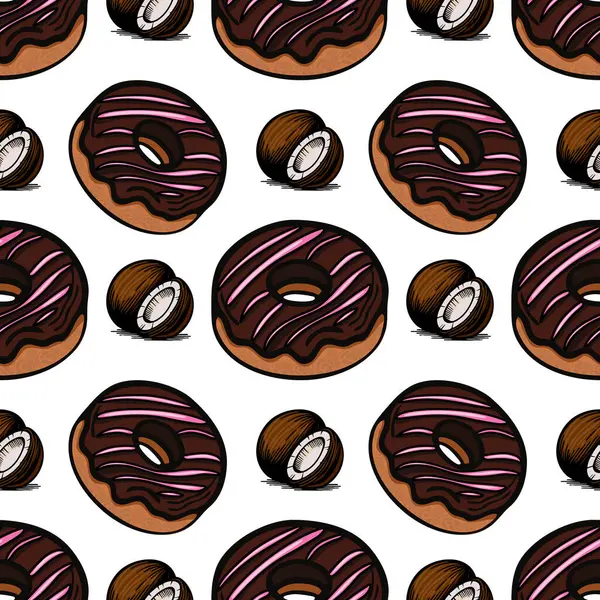 Çikolata kaplı ve pembe kremalı çeşitli donutların yanı sıra çikolata kaplı muhtelif tatlılar içeren bir vektörsüz kalıp. Tasarım eğlenceli ve renkli.