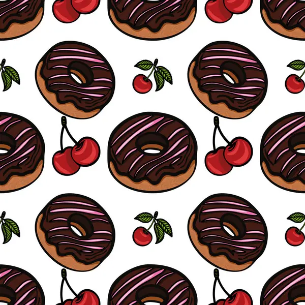 Pembe kremalı ve vişneli çikolatalı donutlar içeren kusursuz bir vektör deseni. Tasarım eğlenceli ve renklidir, yiyeceklerle ilgili konular için uygundur..