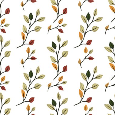 Yeşil, sarı, turuncu ve kırmızı da dahil olmak üzere çeşitli renklerde yaprakları olan kusursuz bir vektör deseni beyaz bir arkaplana karşı dizilmiş..