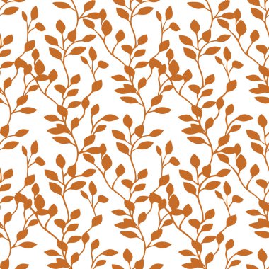 Beyaz arka planda sıcak turuncu renkli yaprakları olan biçimlendirilmiş dalları içeren pürüzsüz bir vektör deseni. Tekstil, duvar kâğıtları ve dekoratif tasarımlar için ideal..
