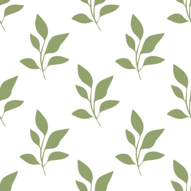 Beyaz arkaplan üzerinde biçimlendirilmiş yeşil yapraklar içeren, tekstil tasarımı veya duvar kağıdı için ideal bir vektörsüz desen.