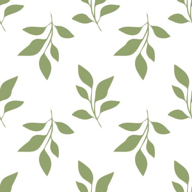 Beyaz arka planda şekillendirilmiş yeşil yapraklar içeren kusursuz bir vektör deseni, yeni ve doğal bir estetik yaratıyor..