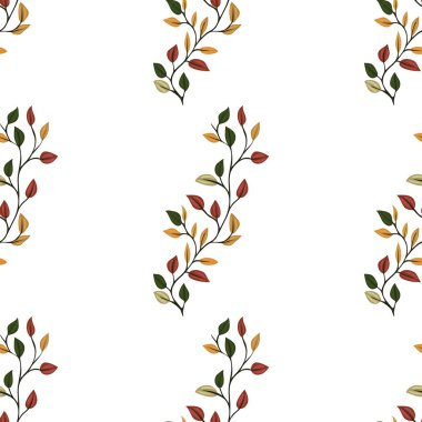 Beyaz arkaplanda yeşil, sarı, turuncu ve kırmızı tonlarda ince dallar ve renkli yapraklar içeren kusursuz bir vektör deseni..