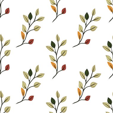 Beyaz arka planda yeşil, turuncu ve kırmızının çeşitli tonlarında yaprakları olan hassas dalları içeren pürüzsüz bir vektör deseni.