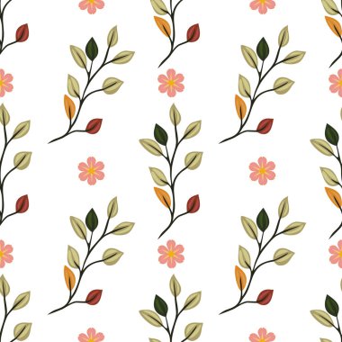 Beyaz arkaplanda yumuşak renklerde yapraklar ve çiçekler içeren pürüzsüz bir desen. Tasarım yeşil yapraklar, turuncu ve kırmızı aksanlar ve pembe çiçekleri içerir..