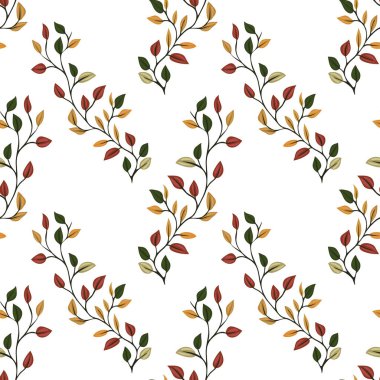Renkli yaprakları olan, yeşil, kırmızı, turuncu ve sarı renklere sahip, beyaz arkaplana karşı kusursuz bir vektör deseni..