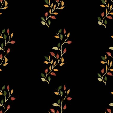 Yeşil, turuncu ve sarı tonlarında siyah arkaplana karşı yaprakları olan hassas sarmaşıklar içeren kusursuz bir vektör deseni. Kumaş tasarımı veya duvar kağıdı için ideal.