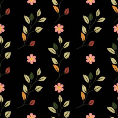 Hassas çiçekleri ve siyah arkaplanda yaprakları olan kusursuz bir çiçek deseni. Tasarım pembe çiçekler, yeşil yapraklar ve sonbahar renkli yaprakları içerir..