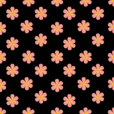 Siyah arka planda sarı merkezli pembe çiçekleri içeren kusursuz bir vektör deseni. Tasarım, tekstil, duvar kağıtları ve kırtasiye gibi çeşitli uygulamalar için canlı ve uygundur..