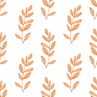 Beyaz arka planda biçimlendirilmiş turuncu yapraklar içeren kusursuz bir vektör deseni. Tasarım basit ve zarif, çeşitli dekoratif amaçlar için uygun..