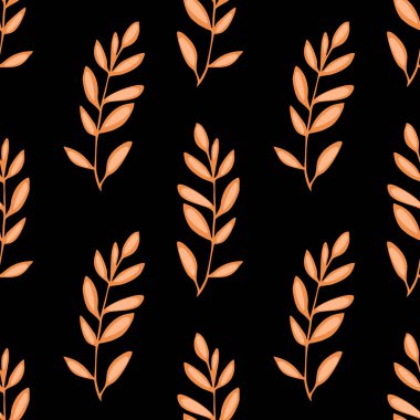 Siyah arka planda biçimlendirilmiş turuncu yapraklar içeren kusursuz bir vektör deseni. Tasarım modern ve minimalist, tekstil veya duvar kağıdı için uygun..
