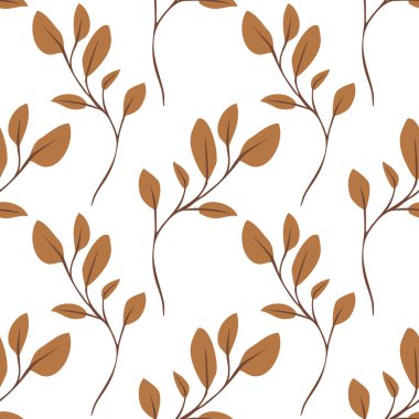 Beyaz arka planda biçimlendirilmiş kahverengi yapraklar içeren kusursuz bir vektör deseni. Tasarım, tekstil için ideal, dengeli ve uyumlu bir düzende düzenlenmiş çeşitli yaprak şekilleri ve boyutlarını sergiliyor.