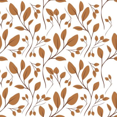 Beyaz arka planda stilize edilmiş kahverengi yapraklar ve dallar içeren pürüzsüz bir desen. Tasarım zarif ve minimalisttir, çeşitli uygulamalar için uygundur.