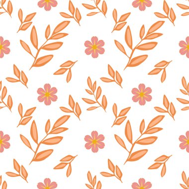 Beyaz arka planda turuncu yapraklar ve pembe çiçeklerden oluşan pürüzsüz bir desen. Tasarım neşeli ve canlı, tekstil ve duvar kağıtları için uygun..