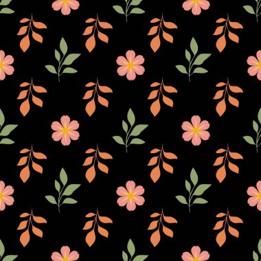 Siyah arka planda pembe çiçekler ve turuncu yapraklardan oluşan kusursuz bir çiçek deseni. Tasarım canlı ve modern, tekstil veya duvar kağıtları için uygun..