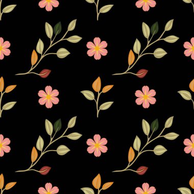 Siyah arka planda pembe çiçekler ve yeşil yapraklardan oluşan pürüzsüz bir çiçek deseni. Tasarım, yeşil ve turuncu tonlarda çeşitli yapraklar içererek, canlı bir kontrast oluşturur..