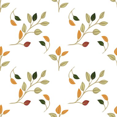 Beyaz arka planda turuncu, yeşil ve kırmızı gibi sıcak sonbahar renklerinde yaprakları ve tomurcukları olan hassas dalları içeren pürüzsüz bir vektör deseni..