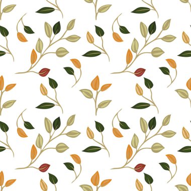 Yeşil, turuncu ve kırmızı tonlarını içeren, sonbahar renklerinde yaprakları ve tomurcukları olan biçimlendirilmiş dalları beyaz bir arkaplan üzerine dizmiş, pürüzsüz bir desen..
