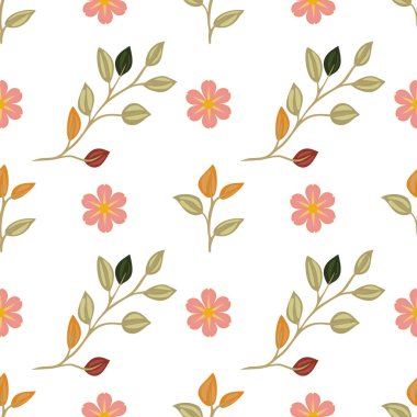 Beyaz arkaplanda pembe, turuncu ve yeşil tonlarda yaprakları ve renkli çiçekleri içeren kusursuz bir çiçek deseni..