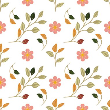 Beyaz bir arka planda renkli yapraklar ve çiçekler içeren pürüzsüz bir çiçek deseni. Tasarım pembe çiçekler, turuncu ve kırmızı tomurcuklar ve yeşil yaprakları içererek canlı ve neşeli bir estetik oluşturur..