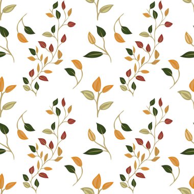Beyaz arkaplana karşı yeşil, turuncu ve kırmızı tonlarda yaprakları ve tomurcukları olan narin çiçek sarmaşıkları içeren kusursuz bir vektör deseni. Tekstil tasarımı veya duvar kağıdı için ideal.