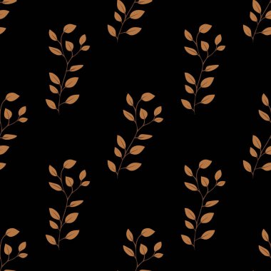Siyah arkaplana karşı sıcak kahverengi tonlarda şekillendirilmiş yapraklar içeren kusursuz bir vektör deseni modern ve zarif bir tasarım yaratıyor..