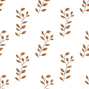 Beyaz arka planda biçimlendirilmiş kahverengi yapraklar içeren kusursuz bir vektör deseni. Tasarım basit ve zarif, tekstil, duvar kağıtları ve ev dekorasyonu gibi çeşitli uygulamalar için uygundur..