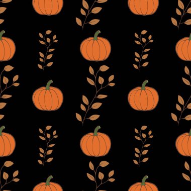 Turuncu balkabakları ve siyah arka planda ince yapraklardan oluşan kusursuz bir vektör deseni. Tasarım sonbahar temalı dekor, tekstil veya mevsimlik el sanatları için mükemmeldir..