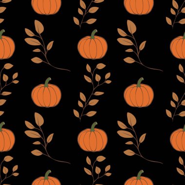 Sonbahar temalı tasarımlar için ideal, siyah bir zemin üzerinde turuncu balkabakları ve kahverengi yapraklardan oluşan pürüzsüz bir desen..