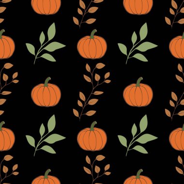 Siyah arka planda turuncu balkabakları ve yeşil yapraklardan oluşan pürüzsüz bir desen. Tasarım, sonbahar temalı dekorasyonlar, tekstil veya mevsimlik el sanatları için idealdir..