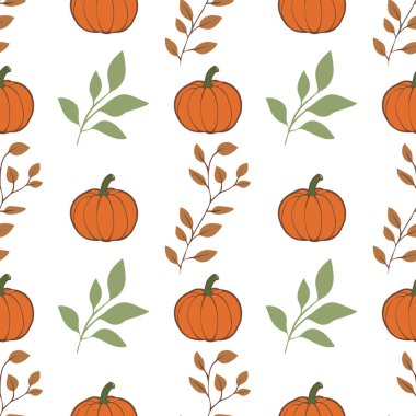 Beyaz zemin üzerinde turuncu kabaklar ve yeşil yapraklardan oluşan, sonbahar temalı tasarımlar için ideal, pürüzsüz bir desen..