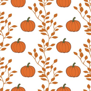 Beyaz arka planda turuncu balkabakları ve kahverengi yapraklardan oluşan, sonbahar temalı tasarımlar için mükemmel bir vektörsüz desen..