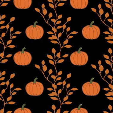 Siyah bir zemin üzerinde turuncu balkabakları ve yapraklı dallardan oluşan, sonbahar temalı tasarımlar için mükemmel, pürüzsüz bir desen..