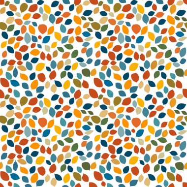 Değişik şekil ve boyutlarda yapraklar içeren canlı ve renkli bir vektör deseni. Yapraklar turuncu, mavi, yeşil, sarı ve bej tonlarındadır.