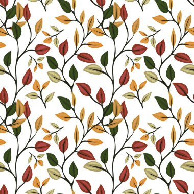 Beyaz arka planda sonbahar yaprakları kırmızı, sarı ve yeşil olan kusursuz vektör deseni.