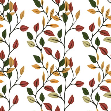 Beyaz arka planda kırmızı, sarı, yeşil ve kahverengi olmak üzere çeşitli renklerde şekillendirilmiş yapraklar içeren kusursuz bir vektör deseni. Tasarım, tekstil veya duvar kağıtları için uygun doğal ve organik bir hisse sahiptir..
