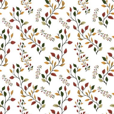 Beyaz arka planda yeşil, kırmızı ve sarı tonlarda yaprakları olan hassas dalları içeren pürüzsüz bir vektör deseni. Tasarım çiçek ve zariftir, tekstil ve duvar kağıtları için uygundur..
