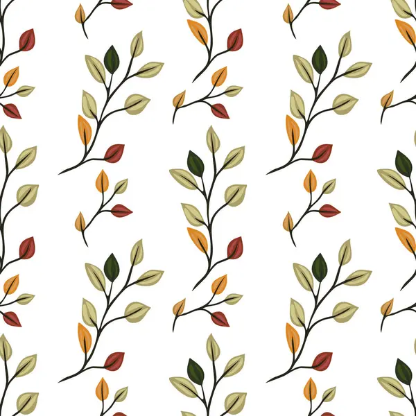 Yeşil, sarı, turuncu ve kırmızı da dahil olmak üzere çeşitli renklerde yaprakları olan kusursuz bir vektör deseni beyaz bir arkaplana karşı dizilmiş..