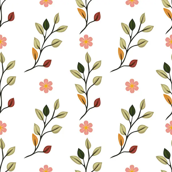 Beyaz arkaplanda yumuşak renklerde yapraklar ve çiçekler içeren pürüzsüz bir desen. Tasarım yeşil yapraklar, turuncu ve kırmızı aksanlar ve pembe çiçekleri içerir..