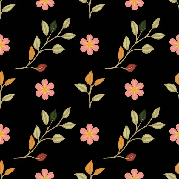 Siyah arka planda pembe çiçekler ve yeşil yapraklardan oluşan pürüzsüz bir çiçek deseni. Tasarım, yeşil ve turuncu tonlarda çeşitli yapraklar içererek, canlı bir kontrast oluşturur..