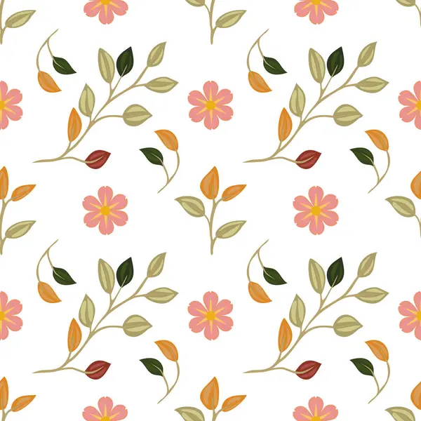 Beyaz bir arka planda renkli yapraklar ve çiçekler içeren pürüzsüz bir çiçek deseni. Tasarım pembe çiçekler, turuncu ve kırmızı tomurcuklar ve yeşil yaprakları içererek canlı ve neşeli bir estetik oluşturur..