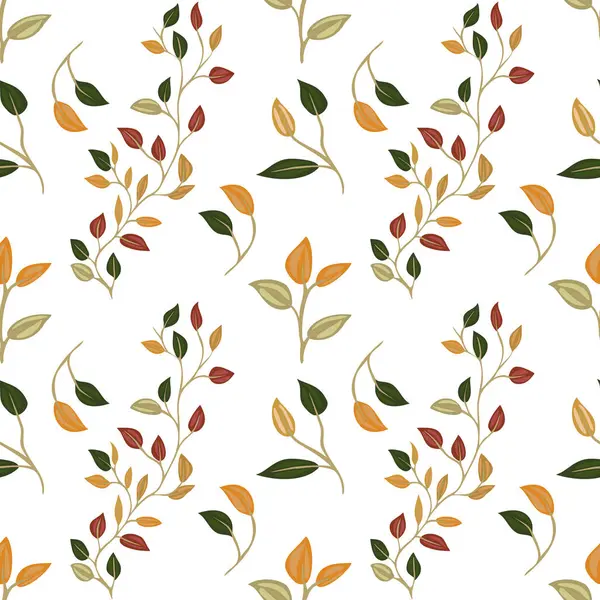 Beyaz arkaplana karşı yeşil, turuncu ve kırmızı tonlarda yaprakları ve tomurcukları olan narin çiçek sarmaşıkları içeren kusursuz bir vektör deseni. Tekstil tasarımı veya duvar kağıdı için ideal.